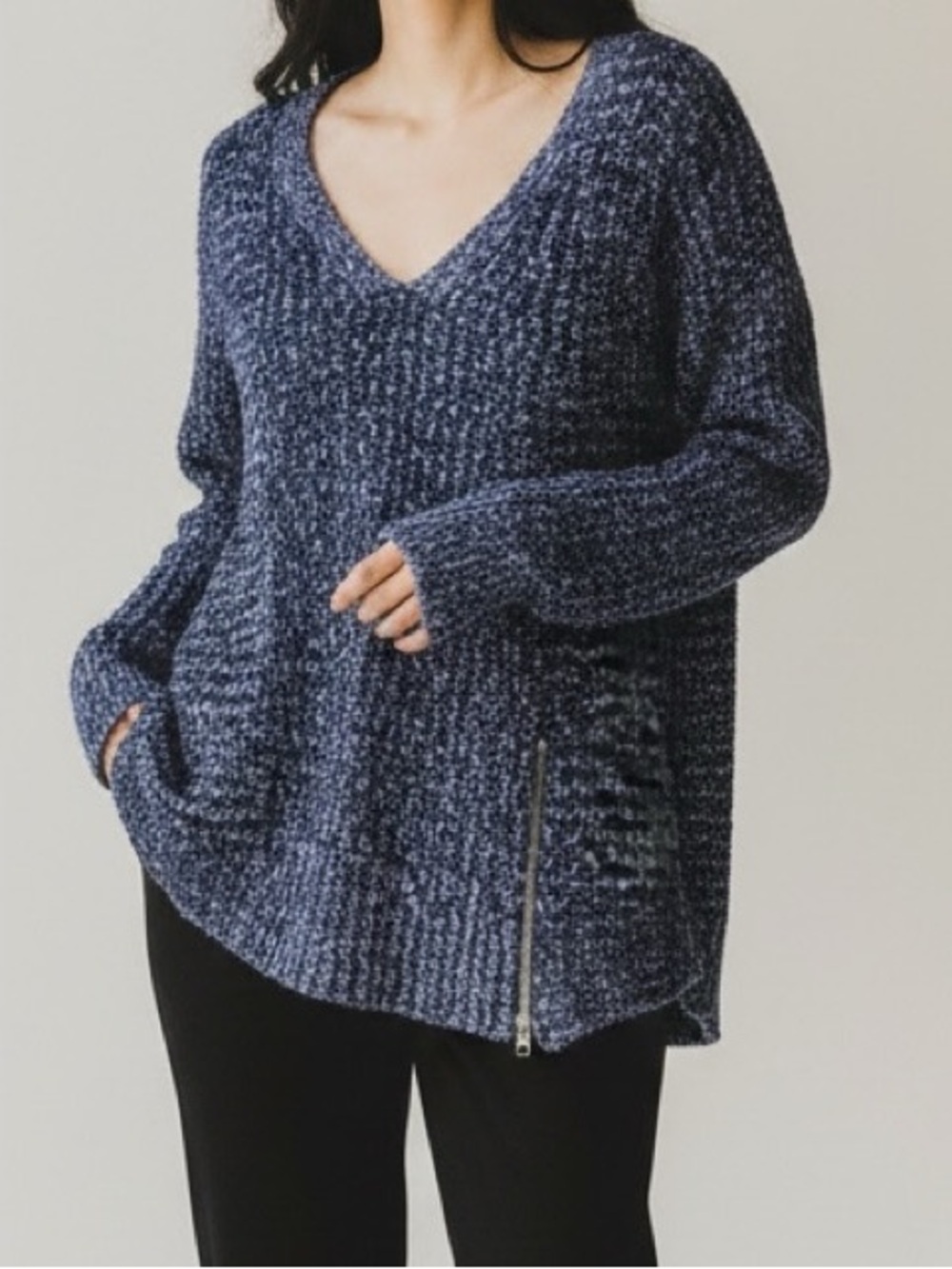 Anthropologie Moth Small Blue Chunky Knit Sweater With V-Neckline & Side Zipper